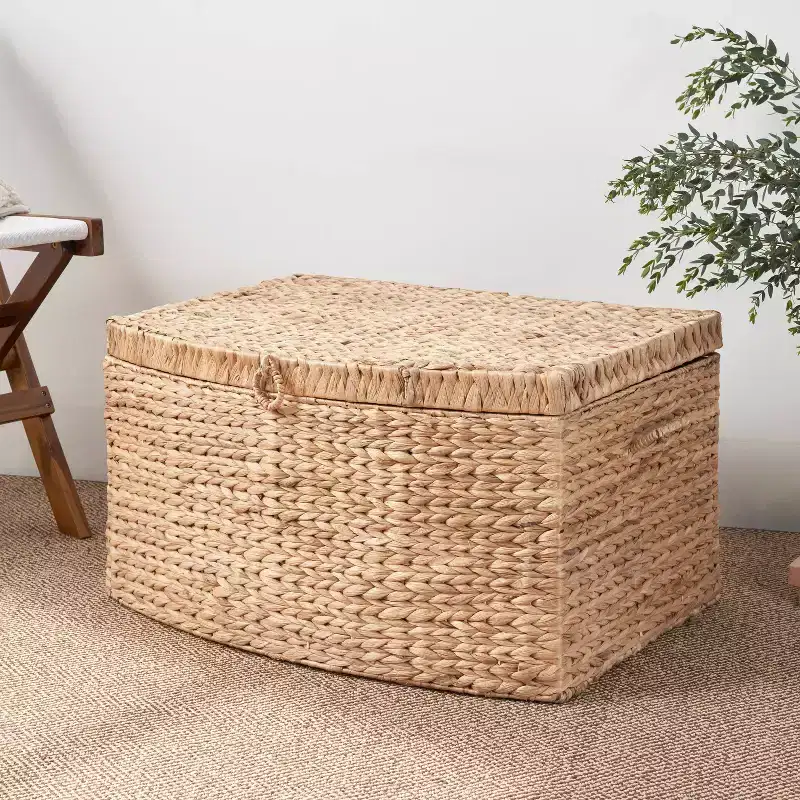 SOL HOME 26"x19"x14" Ludmilla Rectangular Water Hyacinth Wicker Trunk Natural Brown: Storage Chest, Iron Frame