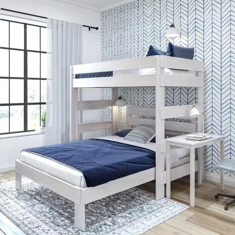 Solid Wood Farmhouse Twin over Queen L-Shaped Bunk Bed with Desk 400 lbs Capacity