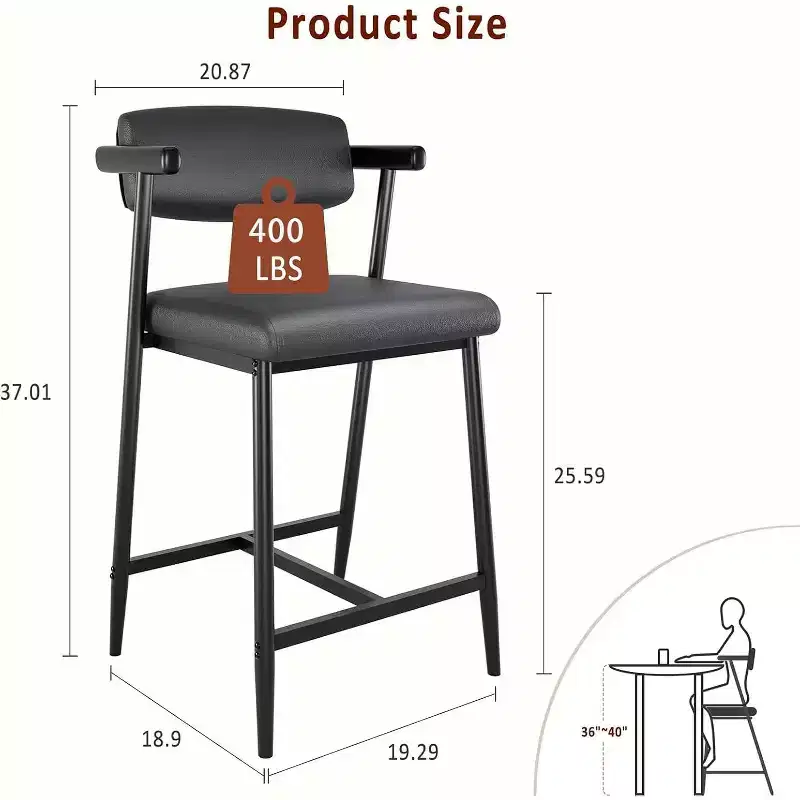 TruAIR 26 Bar Stools Set of 2 - Modern Upholstered Counter Stools with Arms & Back for Kitchen Island
