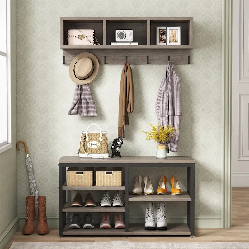 Entryway Coat Rack Shoe Bench Set, Industrial Hall Tree Coat Shoe Rack