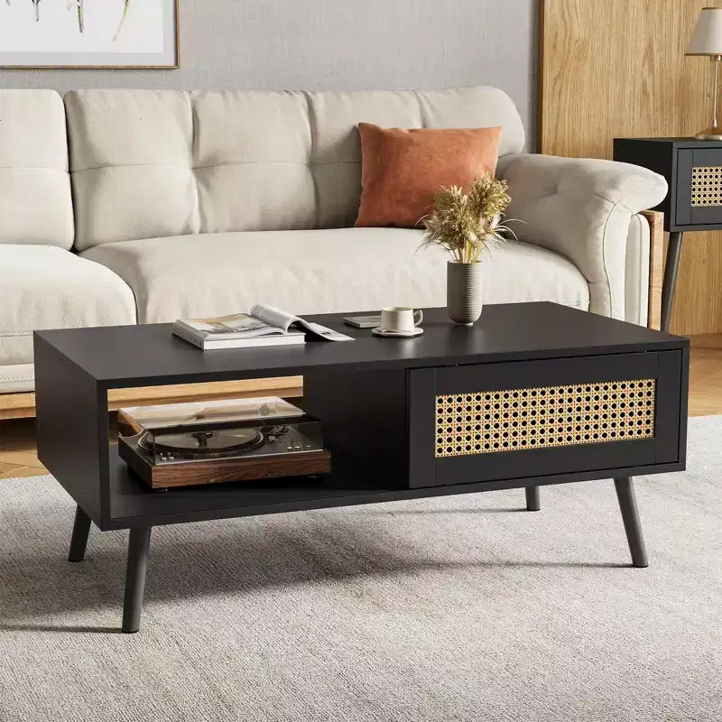 Rattan Rectangle Coffee Table with Sliding Door Storage