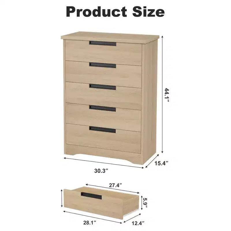 GustoWave 5 Drawer Dresser for Bedroom, Natural Chest of Drawers with Embedded Handles, Wooden Dresser Organizer for Living Room, Hallway and Entryway
