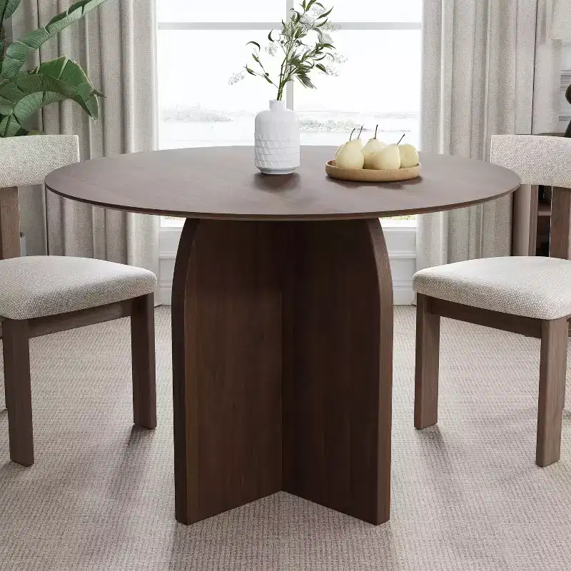 Solid Wood Round Dining Table with Walnut Finish and Arched Legs for Modern Dining Rooms & Kitchens