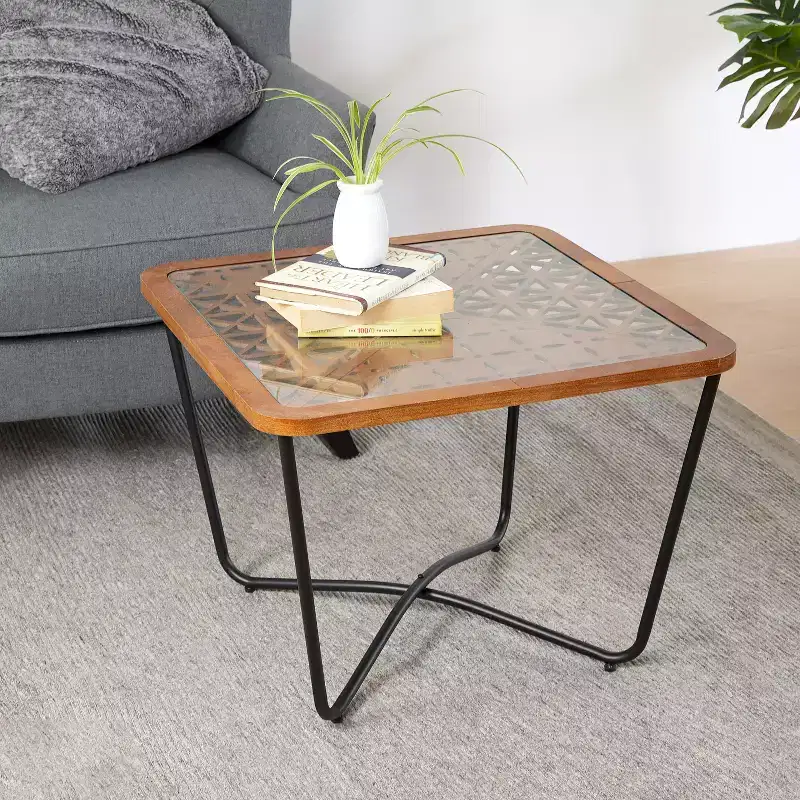 23-inch Modern Square Coffee Table with Tempered Glass Tabletop and Geometric Cutout Pattern, Black-Brown