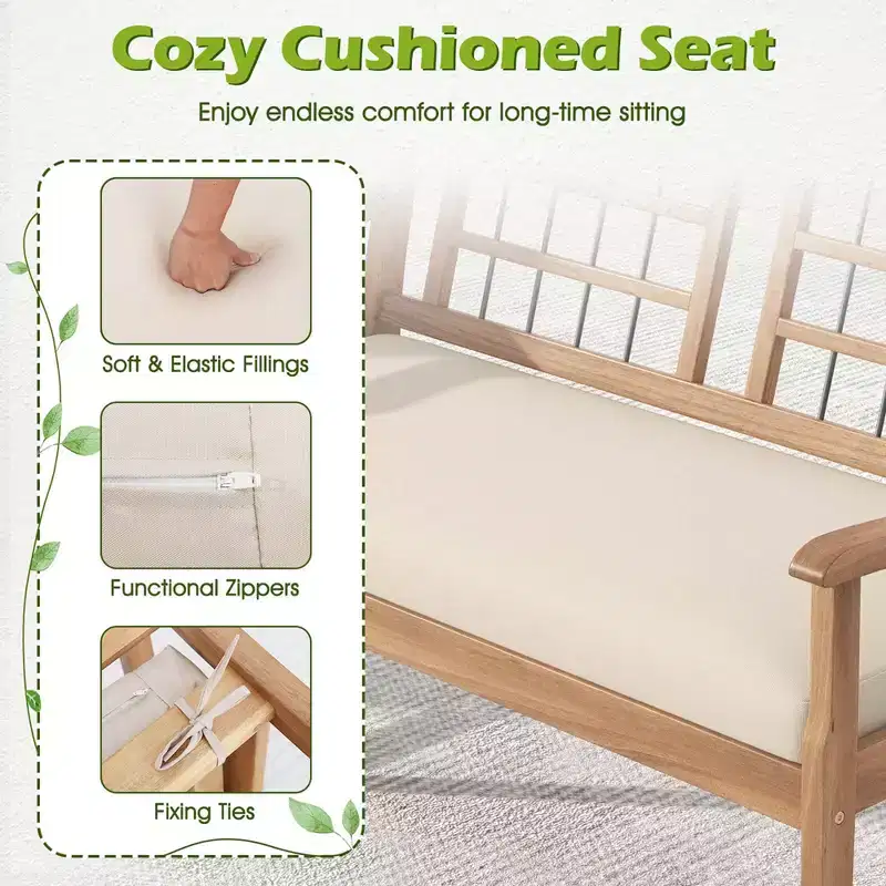 Costway 4 PCS Wood Patio Furniture Set with Soft Seat Cushions Solid Acacia Wood Frame Off White/Gray