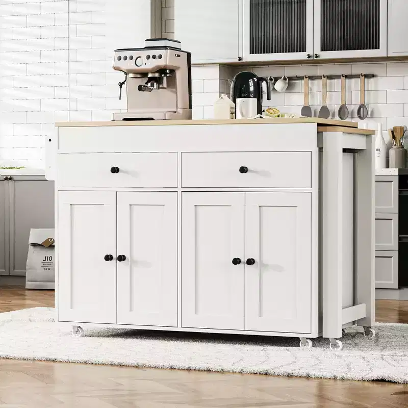 JVNOXK 74 inch Mobile Kitchen Island with Wheels and Extendable Dining Table, Includes Spice Rack and 2 Drawers, Suitable for Kitchen, White