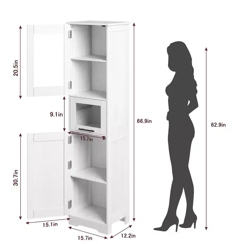 Tall Slim Storage Cabinet with Glass Doors and Adjustable Shelves