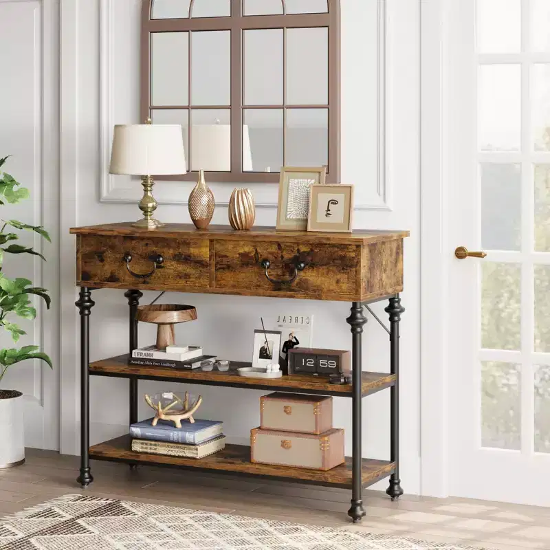 Entrance console table,small entrance table with 2 drawers, narrow sofa table with living room storage rack