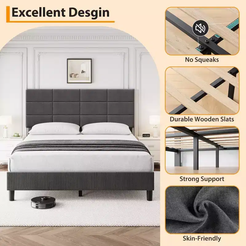 Modern Upholstered Platform Bed Frame, Adjustable Headboard, No Box Spring Needed, Noise-Free Construction