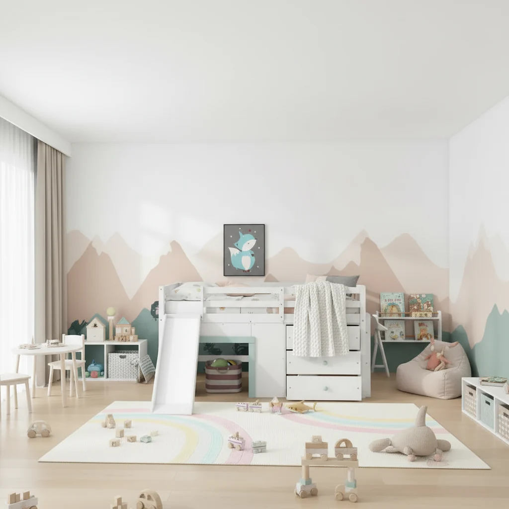 White Full Size Low Loft Bed with Slide, 3 Storage Drawers and 2 Doors for 1 Person