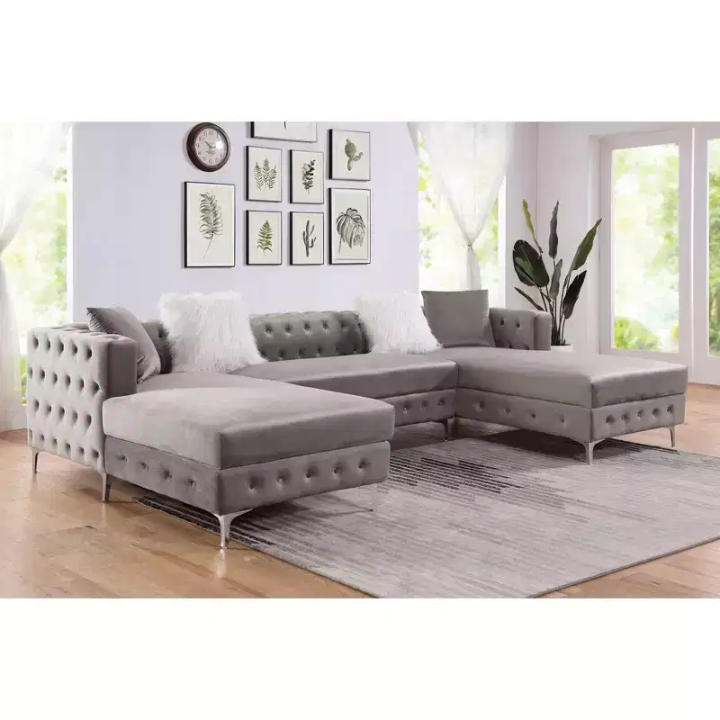 HOMES: Inside + Out Elmhurst U Shaped Deep Button Tufted Sectional with Ottoman Gray : Modular, Transitional Style Sofa