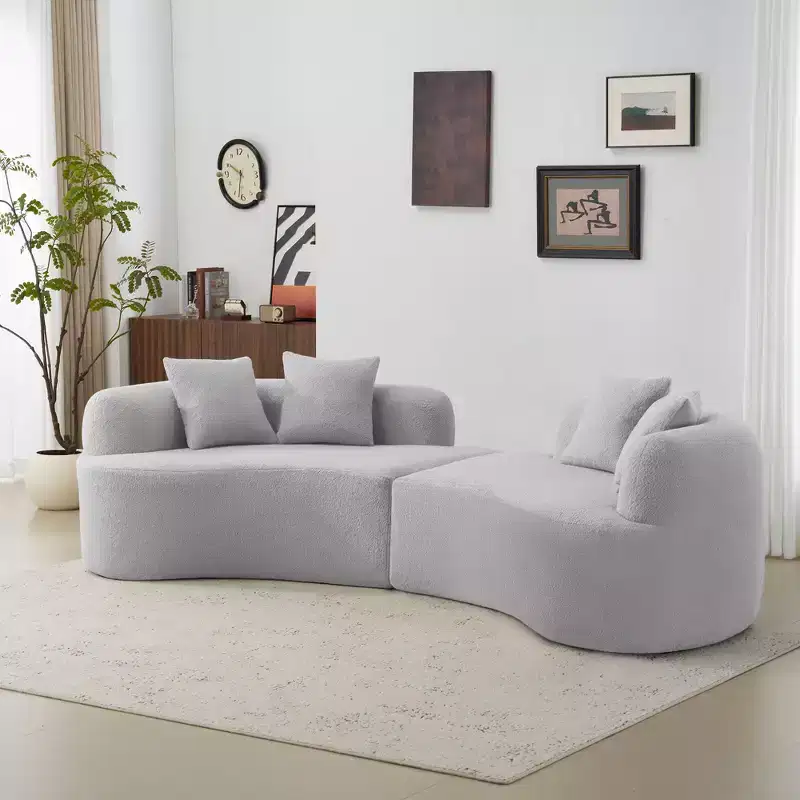 Curved Four Seater Full Compression Sponge Sofa, Teddy Velvet Fabric, No-Assembly Compact Sofa for Small Spaces & Apartments