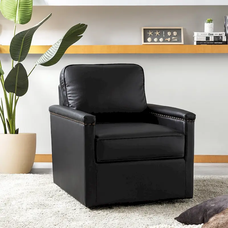 Rita Classic Genuine Leather Swivel Armchair With Nailhead Trims By HULALA HOME