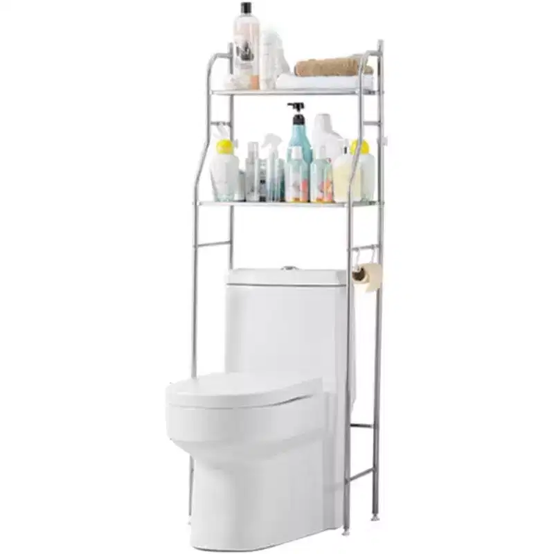 Over The Toilet Storage Cabinet, Metal Bathroom Organizer with Paper Holder & Hooks, No Drill Floor Standing, White