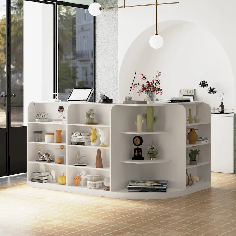 Reception Desk with Open Shelves, Drawer, and Corner Cabinet