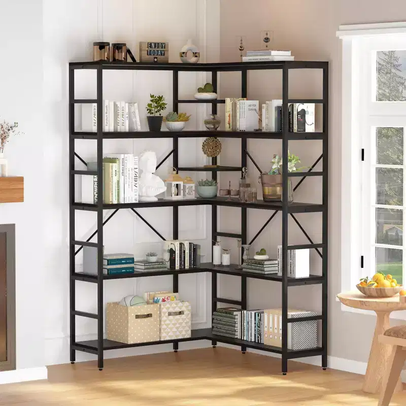 Industrial L-Shape 5-Tier Corner Bookshelf – Heavy Duty Metal Frame, 10 Shelves