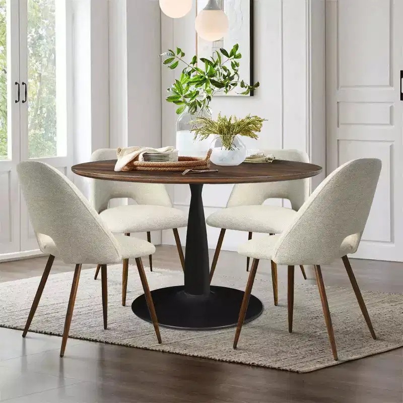 5 Piece Dining Set for 4 Round Walunut Dining Table with Metal Pedestal Base + 4 Upholstered Armless Chairs for Dining Room,Kitchen-Panipeachy