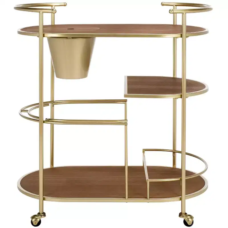 2-Tier Bar Cart with Ice Bucket, Brushed Gold & Natural Wood, Home Entertaining