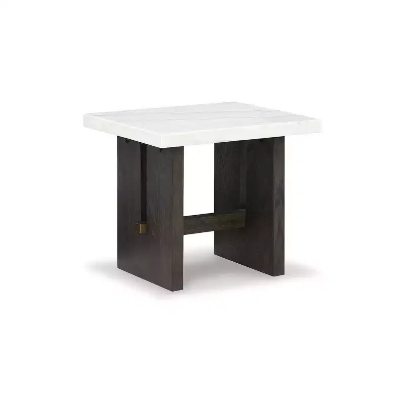 Traditional End Table with Natural Marble Tabletop – Dark Brown & White