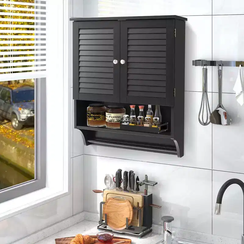 Bathroom Wall Mounted Medicine Cabinet with Louvered Doors & Towel Bar