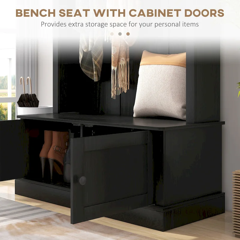 HOMCOM Freestanding Hall Tree, Entryway Bench with Coat Rack, Shoe Cabinet and Top Shelf