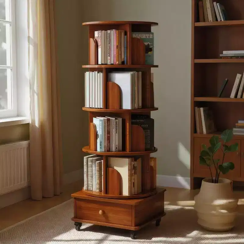 360 Rotating Bookshelf with Storage, Floor-Standing 4-Tier Corner Shelf for Small Spaces, Mobile Bookcase with Wheels for Home Office