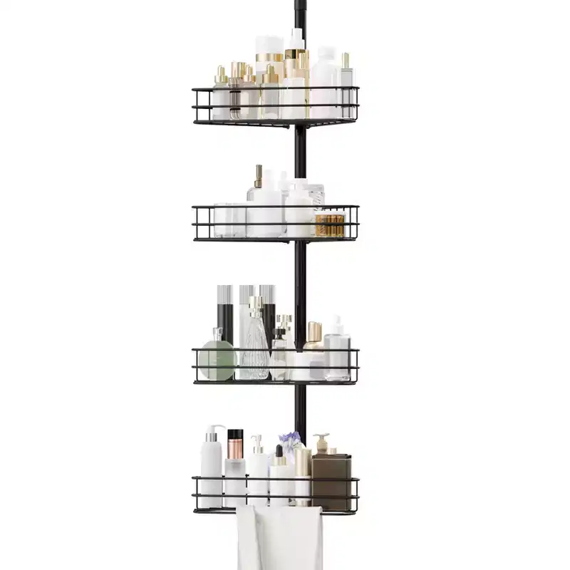 Bathroom Corner Shelf, Four-Tier Adjustable Shelf, Rust-Proof Shower Storage Rack, Floor-Standing Bathtub Support, with Telescopic Rod