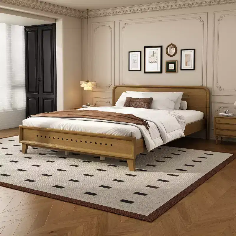 King/Queen Size Bed Frame, Solid Pine Wood Platform Bed Frame, No Box Spring Needed, Rustic Yellow - ModernLuxe