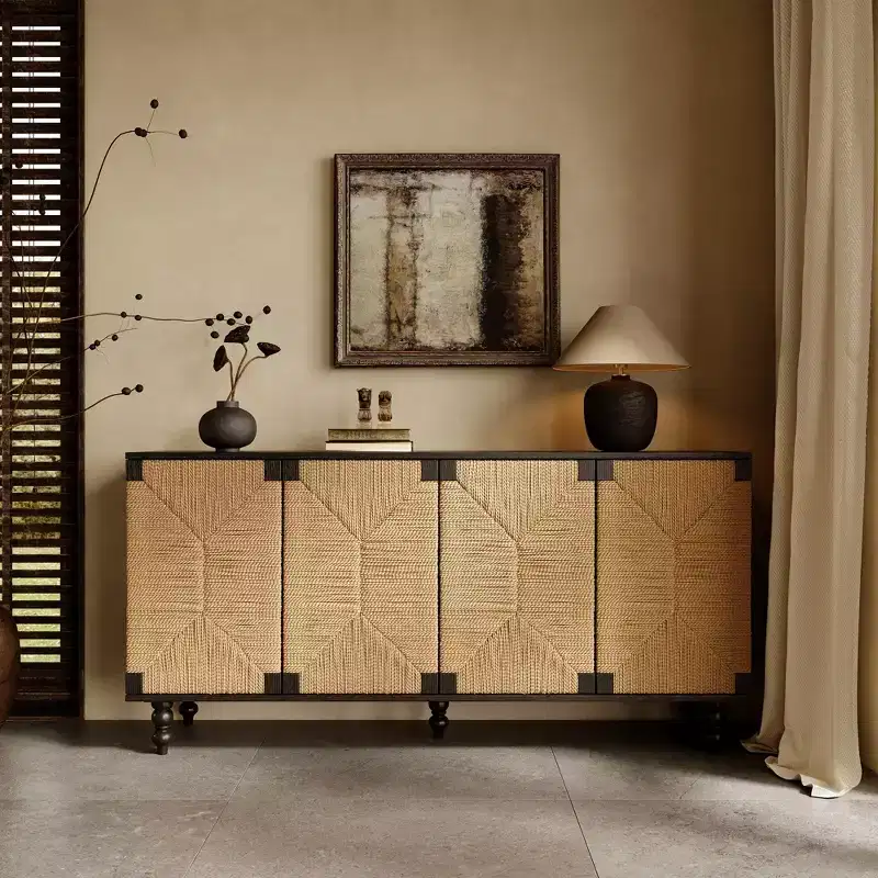 TV console with storage, featuring wire-brushed and seagrass-patterned doors, ideal for dining rooms. Natural