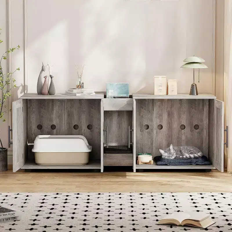 Cat Litter Box Enclosure for 2 Cats, Litter Box Cabinet Hidden with with Scratch Pad, Wooden Washroom Furniture with Double Room, Large Storage Space