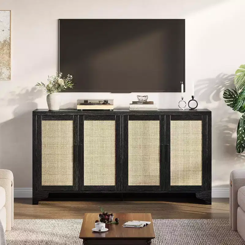 Natural Rattan 4-Door Sideboard Buffet Cabinet