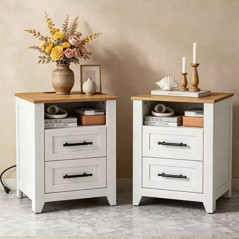 2 Pcs Farmhouse Nightstand with Charging Station  2 Drawers & Open Shelf, USB/Type-C/AC Outlets, End Table for Bedroom, Living Room