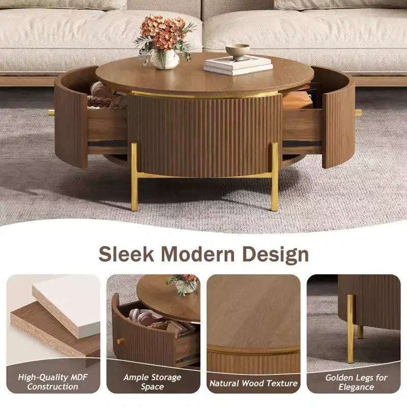 Modern Round Coffee Table with 2 Large Storage Drawers, 31.5 Accent Table for Living Room, Brown