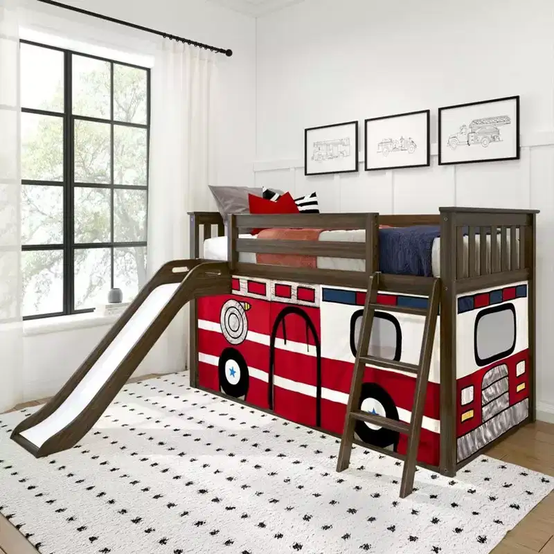Twin Over Twin Low Bunk With Easy Slide & Firetruck Curtain