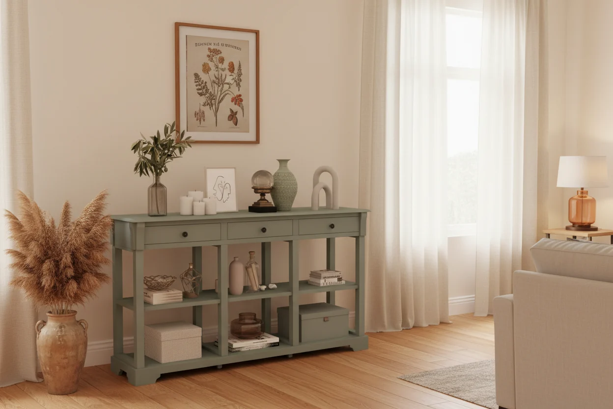 58'' Long Sofa Table with Storage Retro Console Table with 3 Drawers & Open Shelves Blue/White