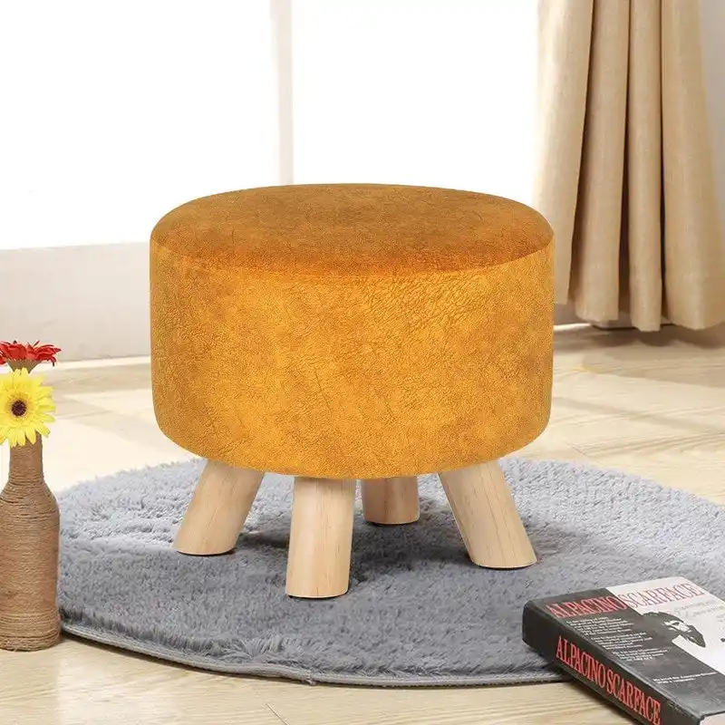 Round Velvet Ottoman Footrest Stool with Wood Legs – Orange / Watermelon / Taupe / White Teddy Velvet, 1-Person Use