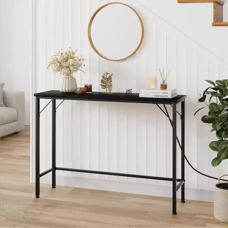 Metal Wood Console Table with Built-In USB Ports and Power Outlets
