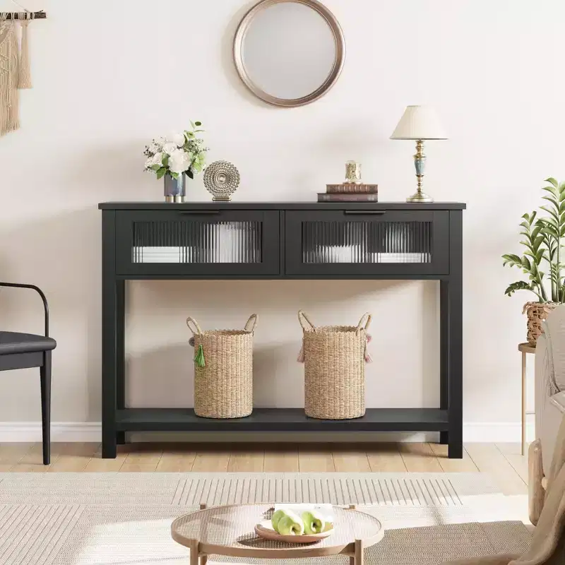 Rustic 2-Tier Wood Console Table with Dual Glass Drawers & Open Storage Shelf, Narrow Sofa Side Table for Entryway, Hallway, Living Room