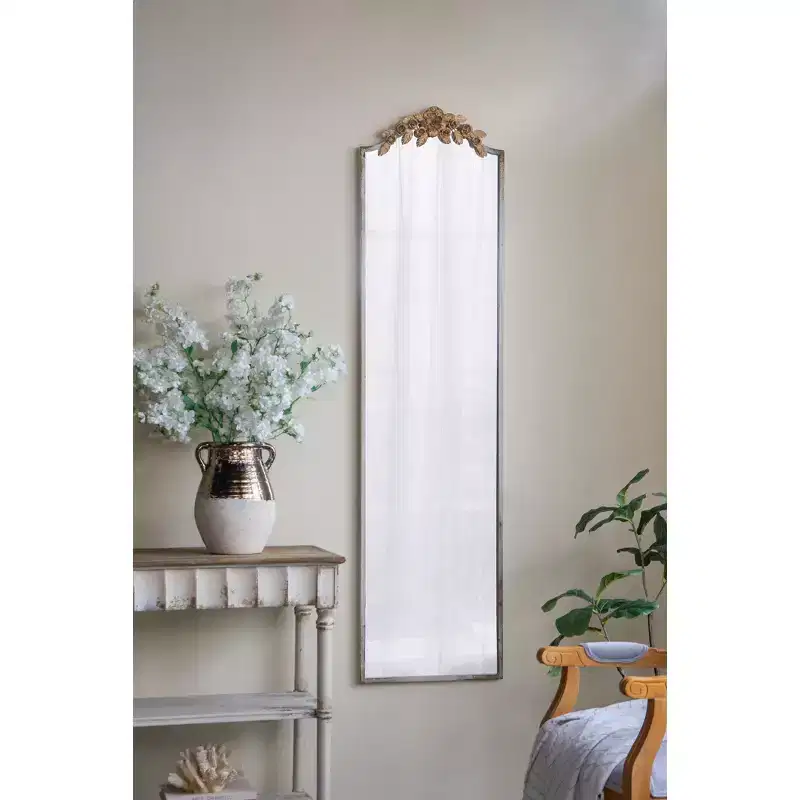 18.1 x 70.9 Inch Rectangular Full Length Wall Mirror with Distressed Ivory Frame and Gold Floral Crown
