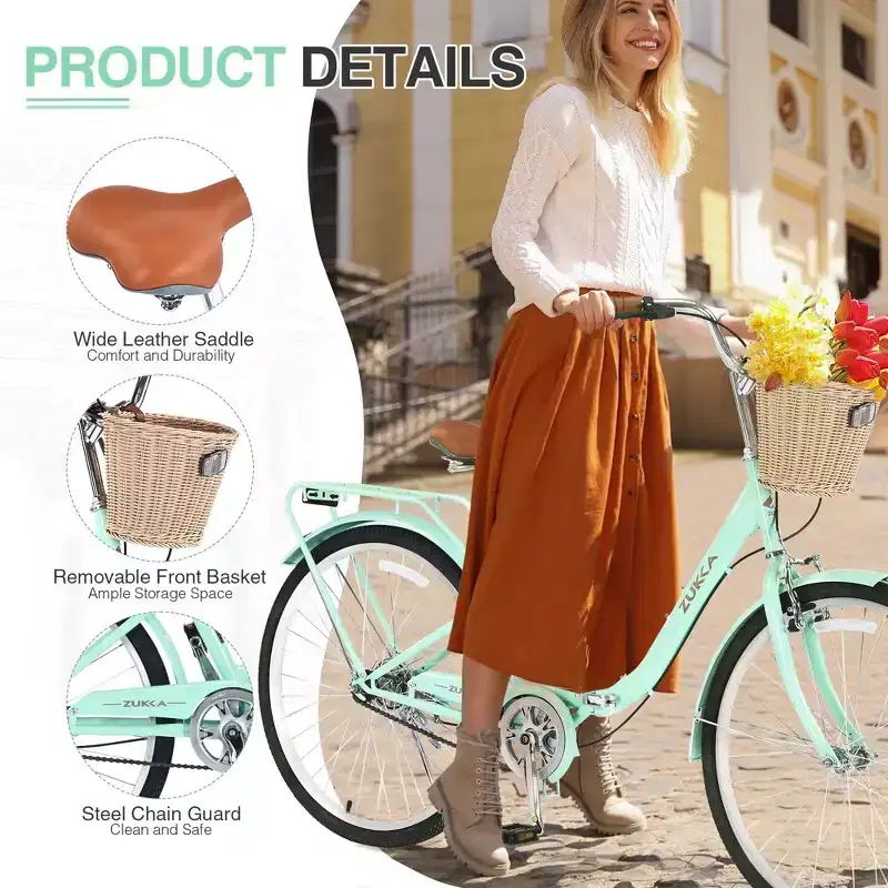 NAYSAYE 26 Inch Single Speed Folding Lady Bike Durable Steel Frame for Easy Storage and Commuting, Green, 66.93*25.2*40.95