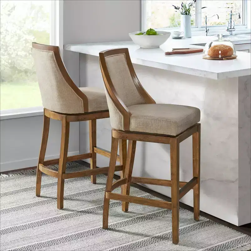 Set of 2 Bar Height Stools with Back, Rubberwood Frame, Upholstered Seat, 31