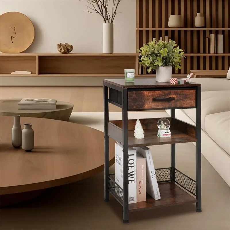 Brown Nightstand Printer Table with Drawers - 11.81D x 15.75W x 25.79H