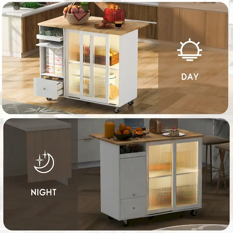 Kitchen Island with Drop Leaf, LED Light