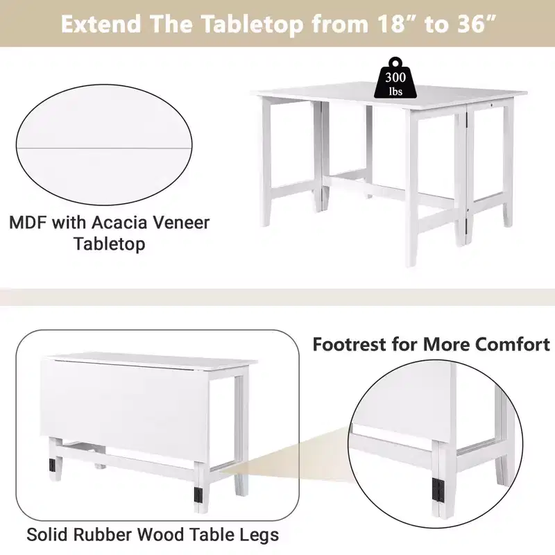 Okak Farmhouse Rectangle Extendable Dining Table with 18 Inch Drop Leaf Kitchen Table for 4,Space-Saving,White