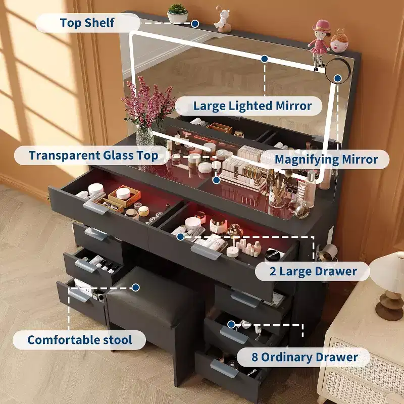 Vanity Desk with Large Mirror and Lights, Makeup Vanity Desk Table Set with Glass Top,Power Outlet, Stool, Dressing Table for Bedroom