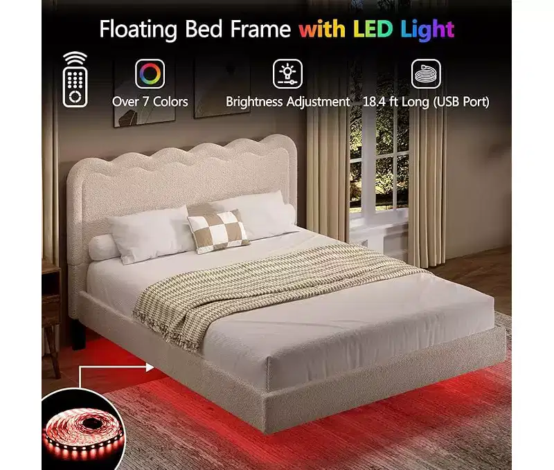Queen Boucle Bed Frame with LED Lights, Waved Headboard & Sturdy Metal Frame, Beige