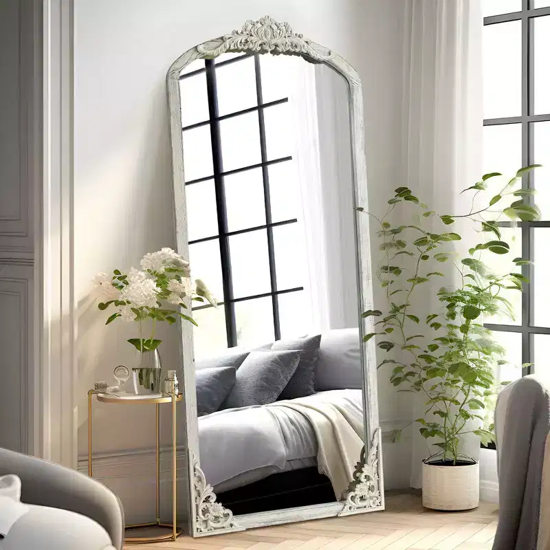 64x21 inch Solid Wood Carved Right Angle Micro Arch Full Body Mirror Weathered White (with Bracket)