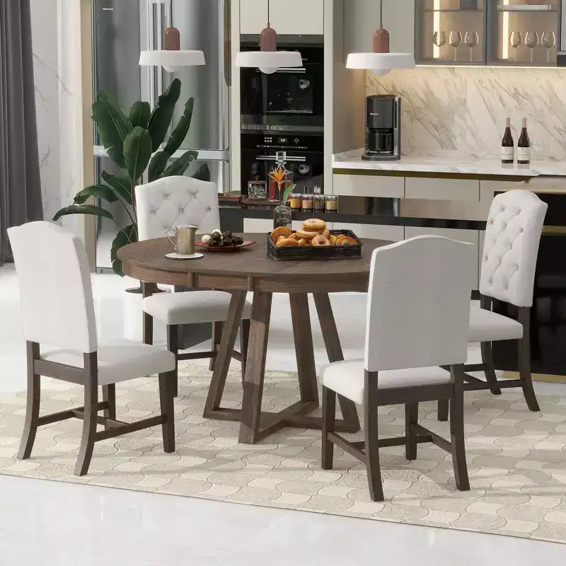 Whisen Retro Style 5-Piece Extendable Dining Set with 4-Botton Tufted Upholstered Chairs