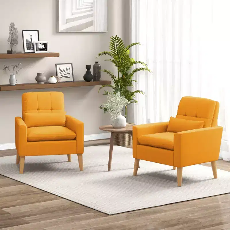 Costway Accent Chair Upholstered Tufted Armchair with Lumbar Pillow Natural Rubber Wood Legs 2pcs