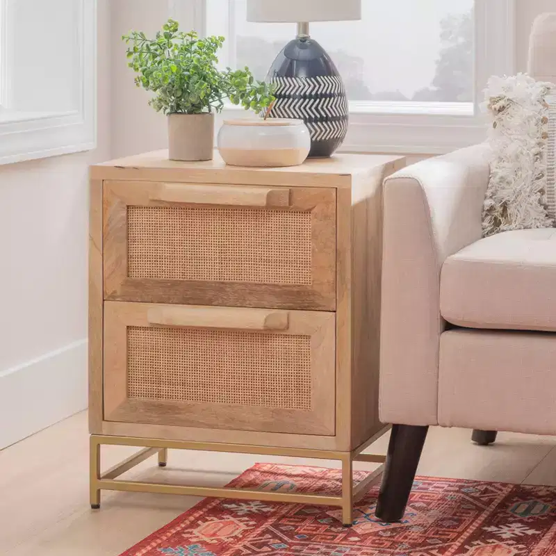 Gordon Transitional 2 Natural Cane Drawers Cabinet with Gold Metal Base - Powell